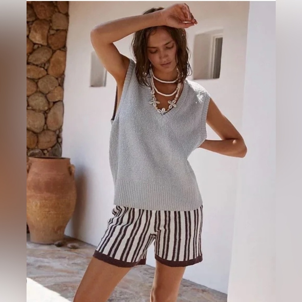 Free People Beach Penny Knit Sweater Short Set Grey Combo Size XS NWT
